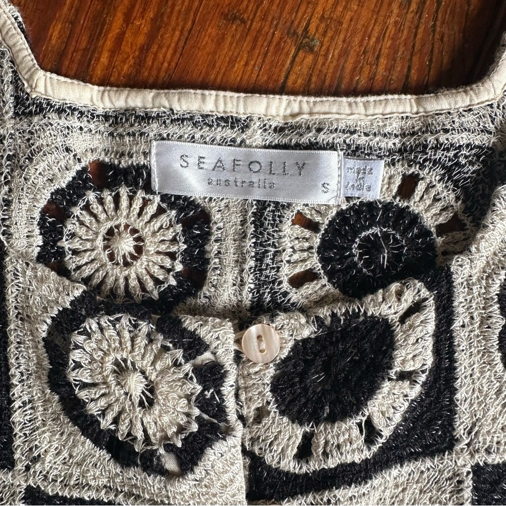 Anthropologie Seafolly Crochet Hipster Coverup Beach Mini Dress Black and Cream - Picture 5 of 11